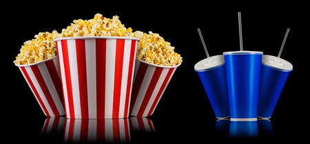 Set of paper striped buckets with popcorn and cups of soft drink isolated on blackの写真素材