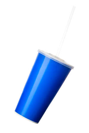 Blue cup with cap and tube isolated on whiteの写真素材