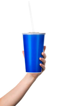 Woman hand holding blue cup isolated on white