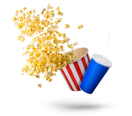 Paper striped bucket with popcorn and cup of soft drink isolated on white background, movie night concept or watching TV.の写真素材