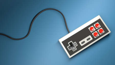 Retro computer gaming controller joystick with red and black buttons on a blue background, concept...