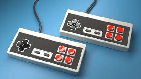 Retro computer gaming controller joystick with red and black buttons on a blue background, concept...