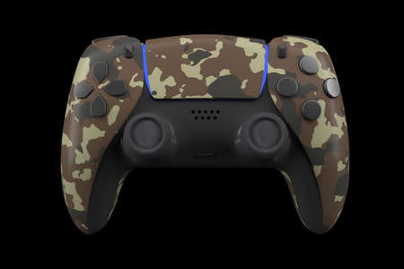 Realistic video game controller isolated on black  . 3D rendering of camouflage colored streaming...