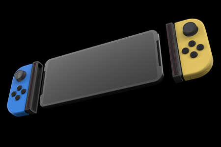 Realistic video game controllers attached to mobile phone isolated on black. 3D rendering of blue...