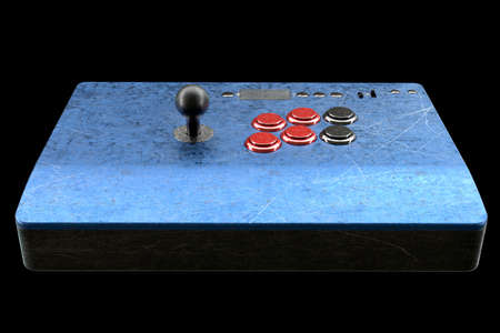 Vintage used arcade stick with joystick and tournament grade buttons and scratches isolated on black...