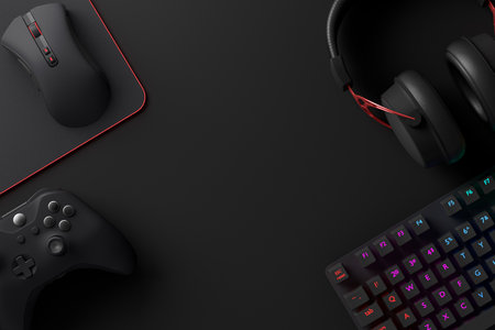 Top view of gamer workspace and gear like mouse, keyboard, joystick, headset, VR Headset on black...