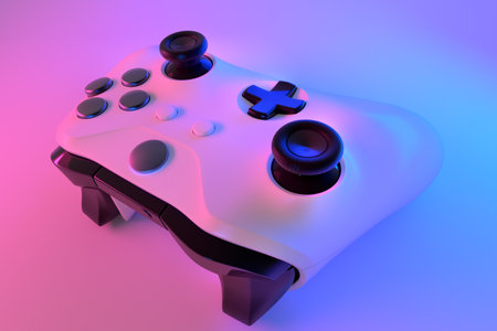Realistic video game controller in neon lights on white table background. 3D rendering of streaming...