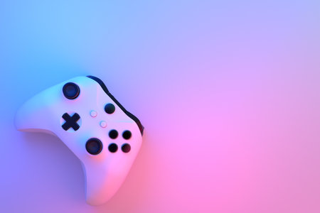 Realistic video game controller in neon lights on white table background. 3D rendering of streaming gear and virtual reality conceptの写真素材