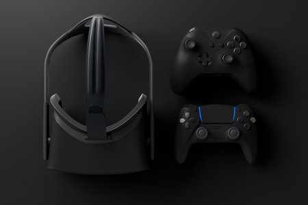 Top view of gamer workspace and gear like vr glasses, joystick on black table background. 3d...