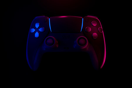 Realistic video game controller in neon lights on black noir background. 3D rendering of streaming...