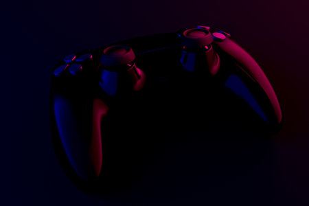 Realistic video game controller in neon lights on black noir background. 3D rendering of streaming gear and virtual reality conceptの写真素材