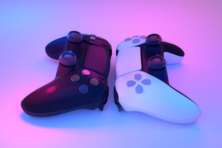 Realistic video game controllers in neon lights on white table background. 3D rendering of streaming...
