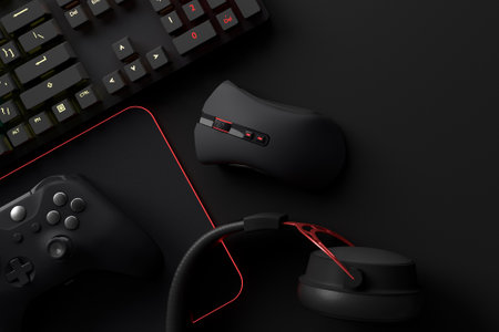 Top view of gamer workspace and gear like mouse, keyboard, joystick, headset, VR Headset on black...