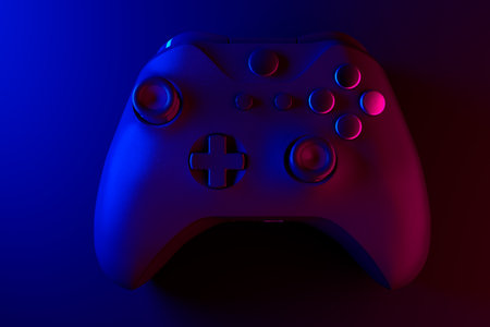 Realistic video game controller in neon lights on black noir background. 3D rendering of streaming...