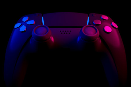 Realistic video game controller in neon lights on black noir background. 3D rendering of streaming...