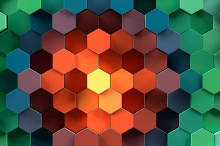 Abstract geometric pattern or background made of chaotic hexagonal surface polygons. 3d rendering of realistic multicolored honeycomb backdrop or wallpaperの写真素材