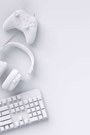 Top view of gamer workspace and monochrome gear like mouse, keyboard, joystick, headset on white table background. 3d rendering of accessories for live streaming concept top viewの写真素材