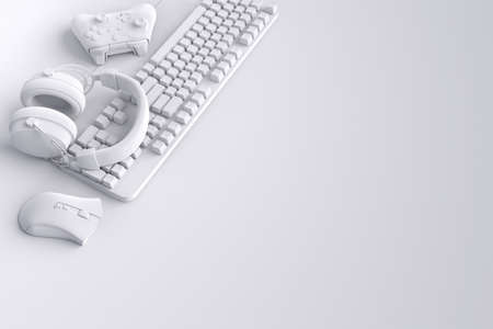 Top view of gamer workspace and monochrome gear like mouse, keyboard, joystick, headset on white table background. 3d rendering of accessories for live streaming concept top viewの写真素材