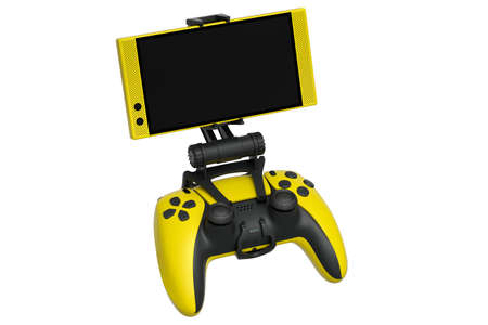 Realistic yellow joystick for playing games on mobile phone on white background