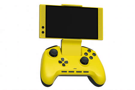 Realistic yellow joystick for playing games on mobile phone on white background