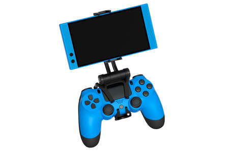 Realistic blue joystick for playing games on a mobile phone on white background