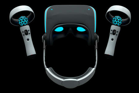Virtual reality glasses and controllers for online gaming on black background