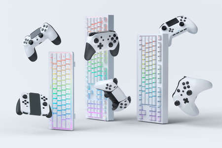 Set of flying gamer joysticks and keyboards on white background