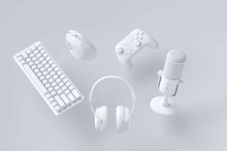 Flying gamer gears like mouse, keyboard, joystick, headset, VR, microphone