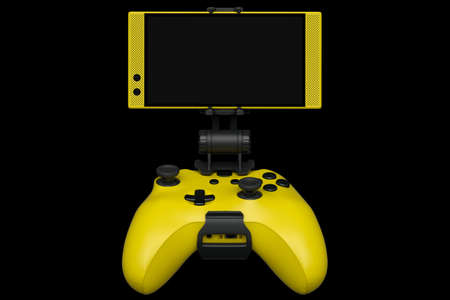 Realistic yellow joystick for playing games on a mobile phone on black background. 3D rendering of...