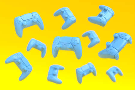 Flying blue gamer joysticks or gamepads on yellow background with blur