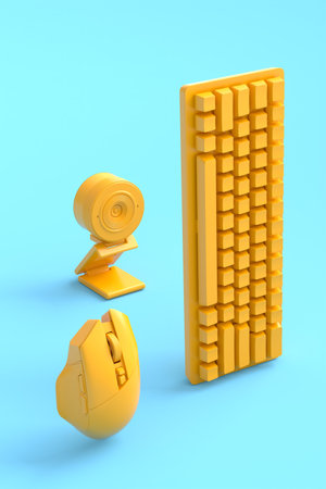 Standing gamer gears like mouse, keyboard and web camera