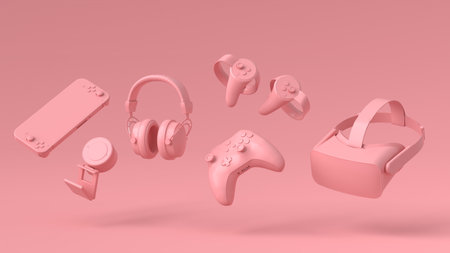 Flying gamer gears like mouse, keyboard, joystick, headset, VR on pinkの写真素材