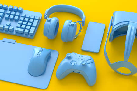 Top view of gamer workspace and gear like mouse, keyboard, joystick, headset, VR