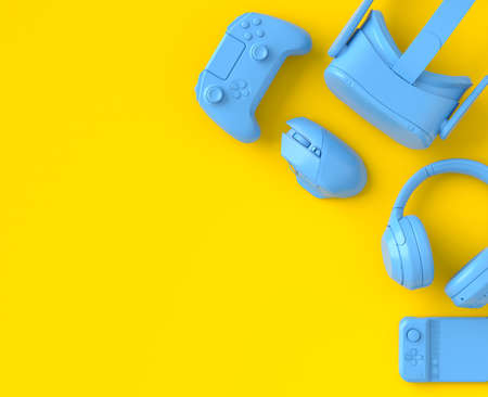 Top view of gamer gears like mouse, keyboard, joystick, VR glasses, headphonesの写真素材