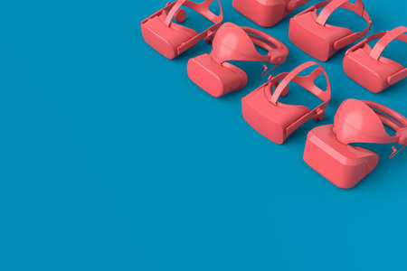 Top view monochrome virtual reality glasses for online and cloud gaming on blue and pink background....