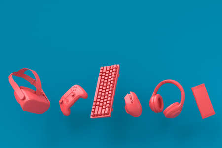 Flying gamer monochrome gears like mouse, keyboard, joystick, headset, VR Headset on blue and pink table background. 3d rendering of accessories for live streaming concept top viewの写真素材