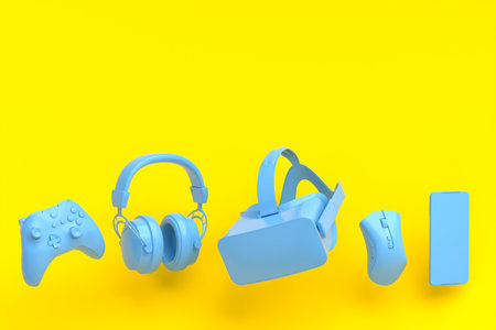 Flying monochrome blue gamer gears like VR glasses, headphones, keyboard, mouse and joystick on yellow background. 3d rendering of accessories for live streaming concept top viewの写真素材