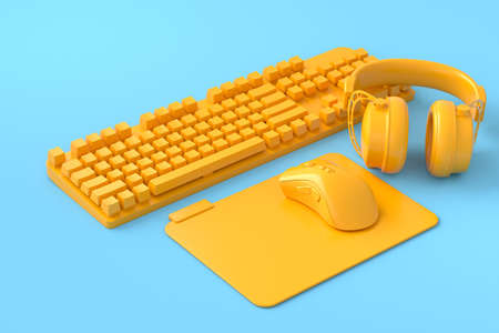 Top view of gamer workspace and monochrome gear like mouse, keyboard, joystick on blue and yellow table background. 3d rendering of accessories for live streaming concept top viewの写真素材