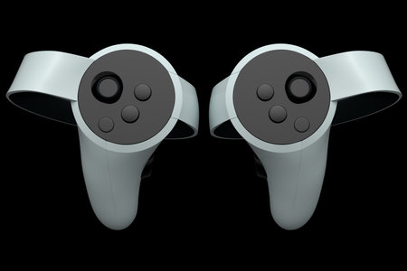 Virtual reality white controllers for online and cloud gaming on black background. 3D rendering of...