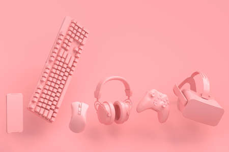 Flying monochrome gamer gears like VR glasses, headphones, keyboard, mouse and joystick on pink background. 3d rendering of accessories for live streaming concept top viewの写真素材