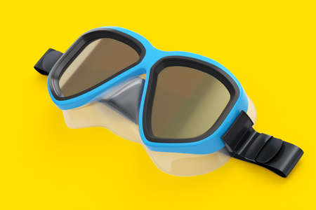 Blue diving mask isolated on a yellow background. 3d render of diving and snorkeling equipment