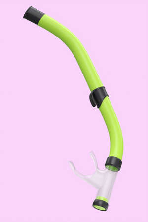 Green snorkel for diving and swimming in the pool isolated on pink background. 3d render of scuba diving and snorkeling equipment for summer holidaysの写真素材
