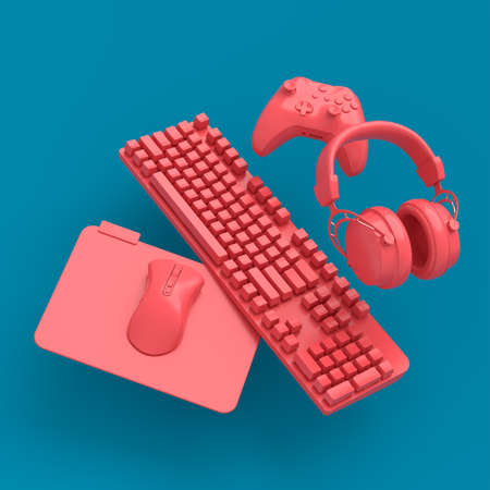 Flying monochrome gamer gears like mouse, headphones, keyboard and joystick on blue and pink background. 3d rendering of accessories for live streaming concept top viewの写真素材