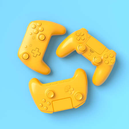 Set of lying monochrome gamer joysticks or gamepads on blue and yellow background. 3d rendering of...
