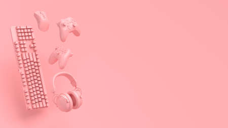 Flying monochrome gamer gears like mouse, headphones, keyboard and joystick on pink background. 3d...