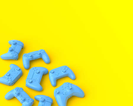 Set of lying monochrome blue gamer joysticks or gamepads on yellow background. 3d rendering of accessories for live streaming concept top viewの写真素材