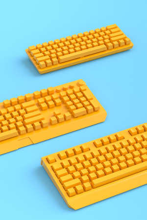 Top view of gamer workspace and monochrome gear like keyboards on blue and yellow background. 3d...