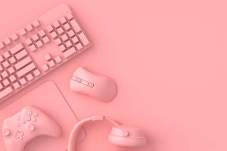 Top view of gamer workspace and monochrome gear like mouse, keyboard, joystick, headset on pink...