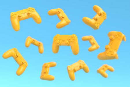 Flying gamer joysticks or gamepads on blue and yellow background with blur. 3d rendering of...