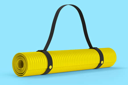 Yellow yoga mat or lightweight foam camping bed roll pad isolated on blue background. 3d rendering of sport equipment for fitness, yoga and active workoutの写真素材